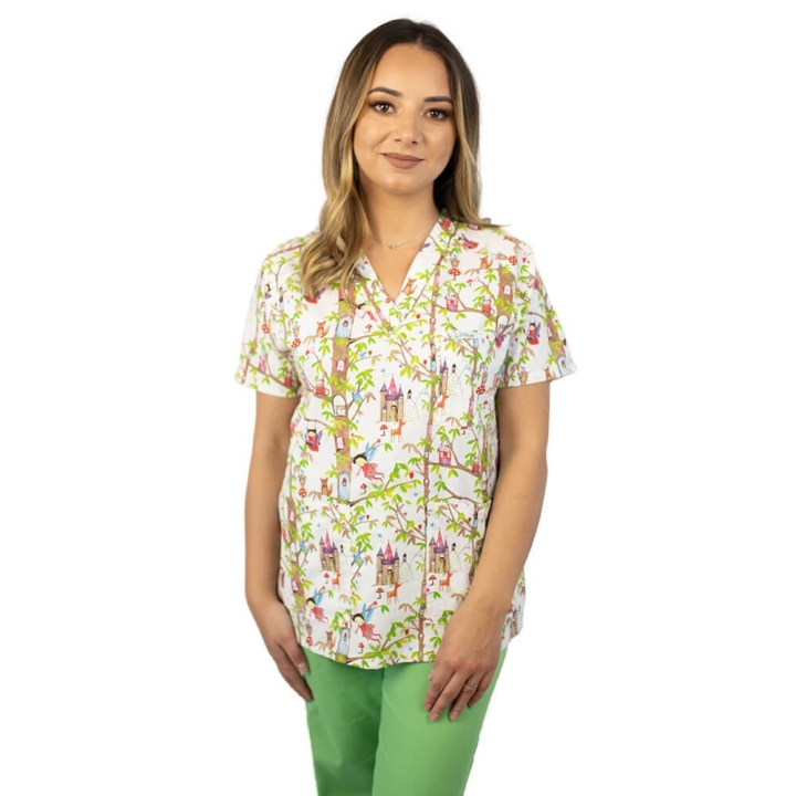 Bluza medicala imprimata Lotus 1, cu buzunar, Fairytale - imagine 1