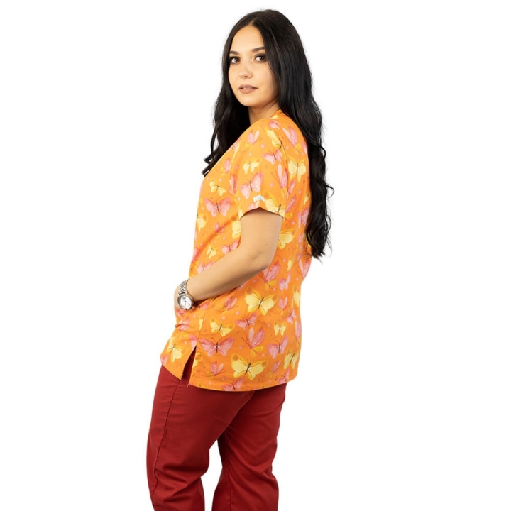 Bluza medicala imprimata Lotus 1, Orange Butterfly - imagine 1