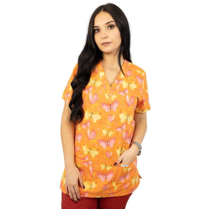 Bluza medicala imprimata Lotus 1, Orange Butterfly - imagine 2