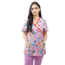 Bluza medicala imprimata Lotus 1, Pink Turtle